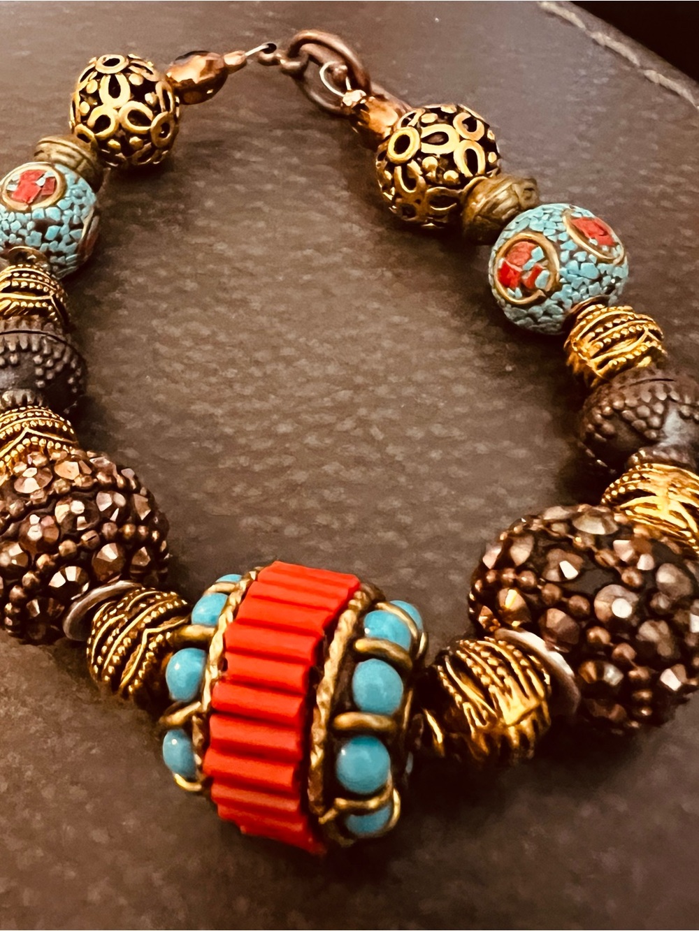 Handcrafted Multicolor Beaded Statement Bracelet - Turquoise & Red
